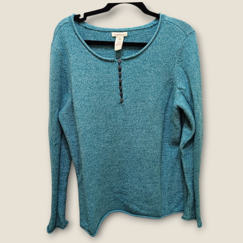 Sundance Women's M Teal Green Cotton Blend Button Front Long Sleeve Sweater